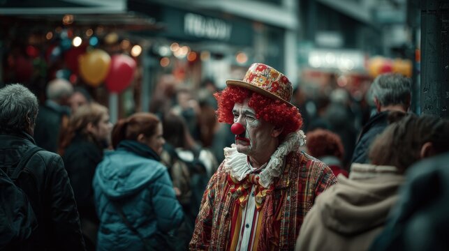 Sad clown stands alone in a bustling crowd, unnoticed by the lively passersby on a bustling city street