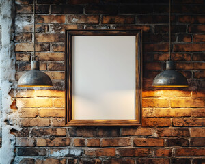 An old, empty wooden frame on a weathered brick wall with a blank sign and vintage window