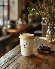 A comforting hot cup of brown roasted coffee and beans awakens the morning