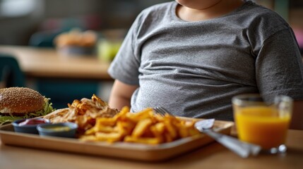 Close-up of a child's lunch featuring unhealthy food at a school cafeteria during midday break