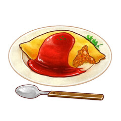 食べかけのオムライスとスプーンの手描きイラスト