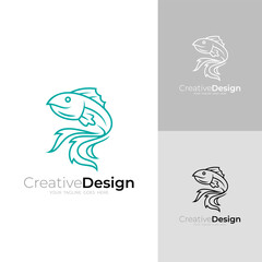 logo of a fish with a long, beautiful tail swimming, line logos