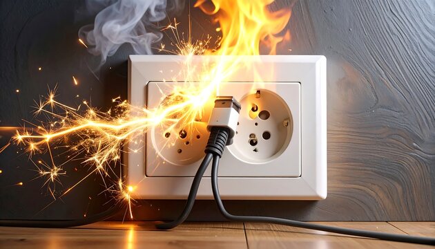 Electrical outlet short circuit with sparks and flames