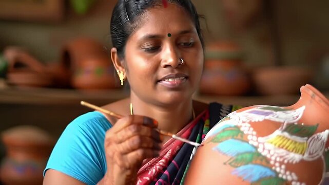 Woman in Blue Top Painting Clay Pot with Intricate Designs Portrait in Rural Setting - Powered by Adobe