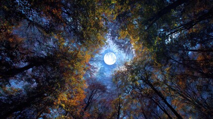 A moon shines bright above trees with fall colors in a beautiful night sky
