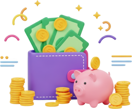 Purple wallet overflowing with cash and coins pink piggy bank and stacks of gold coins transparent background