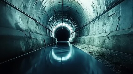 Dark tunnel with reflective water surface leading to an unknown exit, evoking mystery and exploration - Powered by Adobe