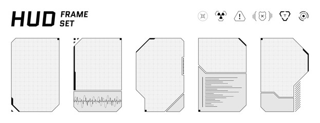 Hi tech cyberpunk HUD with transparent glass panels, square callouts and sleek digital frames. Abstract black and white UI creates a futuristic game or AI interface.