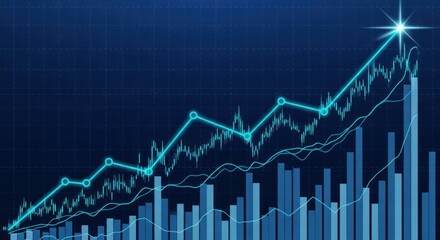 Photo of a vibrant blue stock market chart illustrates financial growth and investment success, showcasing an upward trend with arrows and graphs