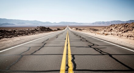 A long, empty asphalt road stretches through a vast desert landscape under a wide-open sky, inviting a journey through the California mountains and valleys