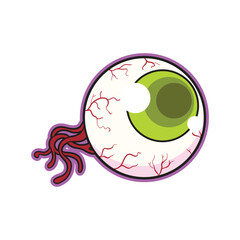 Creepy green eyeball cartoon with red veins and purple outline great for Halloween party graphics scary merchandise sticker packs posters and spooky themed digital content