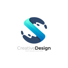 S logo and water swoosh design template, blue color