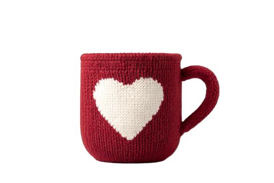 Warm and cozy knitted mug with a white heart on a transparent background, perfect for a comforting beverage, silhouette