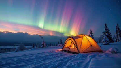 Stunning view of northern lights in minimal composition showcases glowing tent amidst snowy landscape under vibrant sky