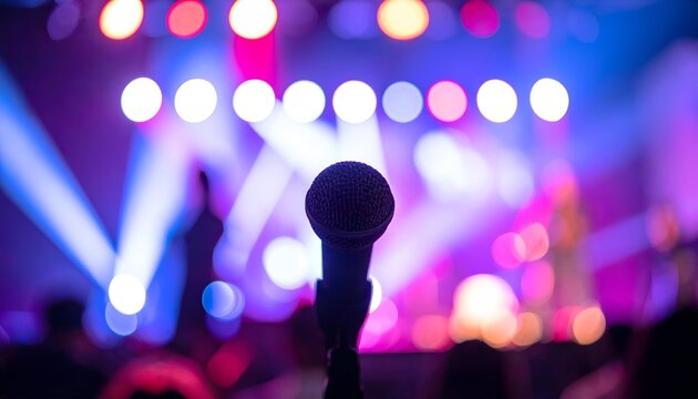 A close-up of a microphone on stage against a vibrant, blurred background of colorful concert lights.