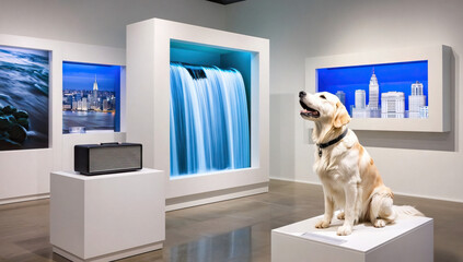 Golden Retriever in Contemporary Art Installation with Cityscape and Waterfall Backdrops