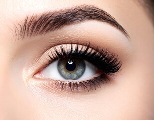 Obraz premium Close-up of a beautiful female eye with long, voluminous eyelashes and perfectly shaped eyebrow. Detailed view of the blue-grey iris, pupil, and delicate skin texture, highlighting beauty and makeup.