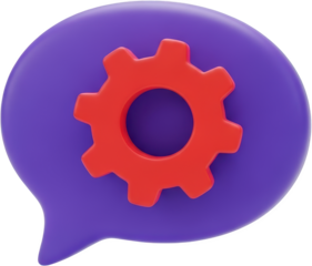 Purple speech bubble with red gear icon concept for technical support or settings transparent background