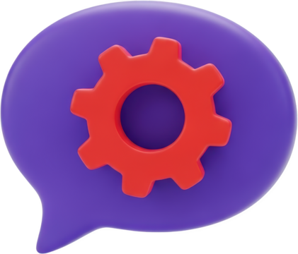Purple speech bubble with red gear icon concept for technical support or settings transparent background