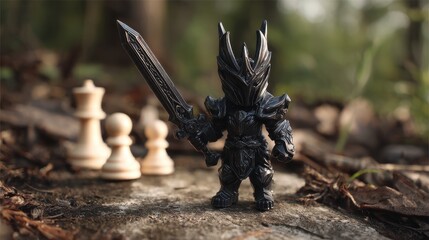 Obraz premium Black fantasy warrior figurine with chess pieces in natural setting