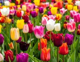 Obraz premium Vibrant field of colorful tulips blooming under sunlight, showcasing a beautiful array of red, pink, yellow, orange, white, and purple flowers with green foliage.