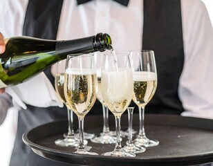 Professional waiter pouring sparkling champagne from a bottle into elegant flutes on a black tray, ready for serving at a celebratory event or luxury gathering.