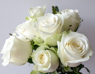 Obraz premium A beautiful bouquet of fresh white roses with vibrant green leaves, set against a soft, light background, ideal for themes of love, purity, celebrations, weddings, or condolences.