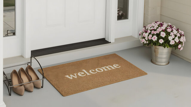 A welcoming home entrance features a coir doormat with the word "welcome," shoes neatly organized, and a potted flower arrangement.