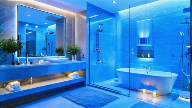 A calming blue bathroom with a walk-in shower and spa-like ambiance