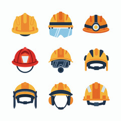 A collection of nine illustrated safety helmets including construction hard hats and a firefighter helmet