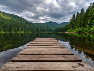 Fototapeta premium wooden dock extends over a calm lake surrounded by dense pine forests and rolling hills under a cloudy sky.