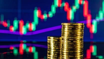 A stack of gold coins in front of a frosted digital display showing dynamic financial candlestick charts. Represents investment, trading, wealth, and market analysis.