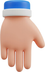 3D rendered cartoon hand with blue cuff and white band fingers splayed open transparent background
