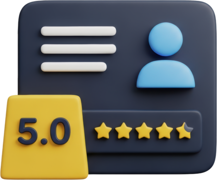 3D user profile graphic with five star rating and numerical score customer transparent background