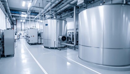 Modern industrial facility interior with large stainless steel tanks, intricate piping and machinery in a sterile environment. Perfect for manufacturing, food production or pharmaceutical themes.