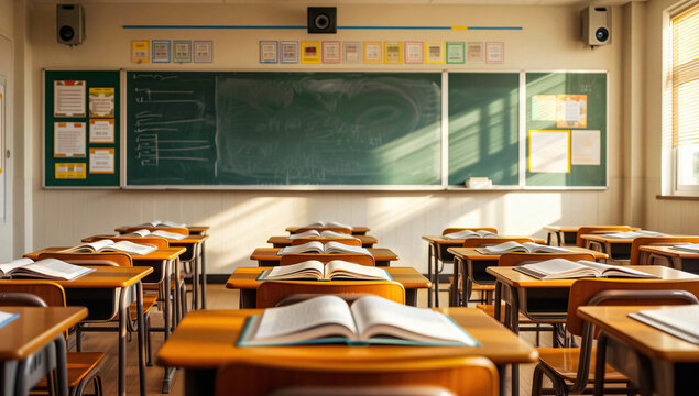 Classroom Interior with Desks and Open Textbooks