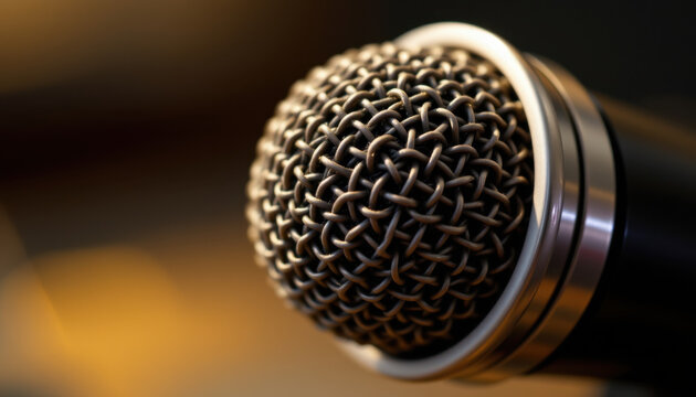 High quality close up of microphone showcasing its intricate mesh design and metallic finish, evoking sense of professionalism and creativity in audio recording
