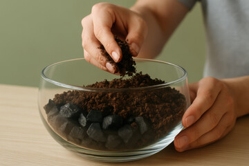 Hand carefully layering soil over charcoal in glass bowl for terrarium gardening, demonstrating indoor plant care preparation