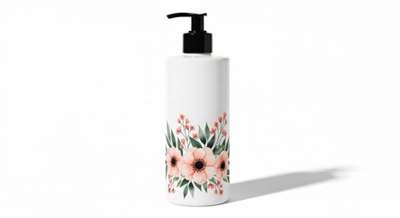 Isolated blank white cosmetic containers, including a perfume bottle with a flower and cream