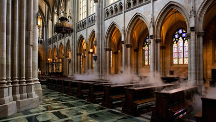 Obraz premium Church Interior with Pews and Fog