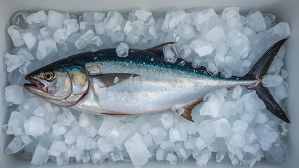 Fresh tuna lies on a bed of crushed ice, showcasing its silvery skin and dark blue back.