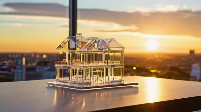 A clear, transparent model of a house sits on a tabletop overlooking a cityscape, with the sun setting in the background.