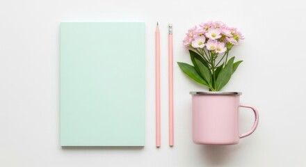 Pink tulips in a vase beside a notebook, capturing the beauty of a spring floral arrangement