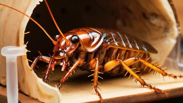 A cockroach trapped in a sticky trap, struggling to free itself..