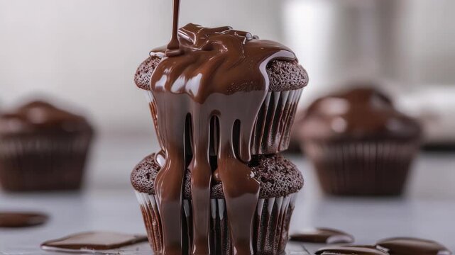 A chocolate muffin on a plate with pouring chocolate