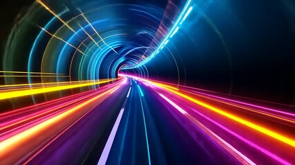 Vibrant neon light trails create a dynamic tunnel effect, suggesting speed and motion in a digital space - Powered by Adobe
