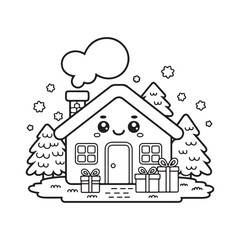 Fototapeta premium Winter Kids Coloring Page Vector – Children Playing in Snow, Snowman, and Sledding Line Art, winter kids coloring page, snow play children illustration, vector line art winter scene, victor art 