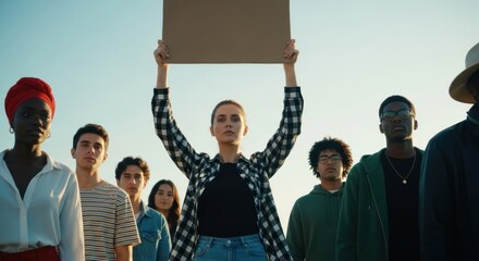 Photo of a diverse group of people stand in solidarity, holding a blank sign during a protest for social justice and equality