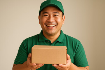 Smiling delivery courier in green uniform holding cardboard package, friendly service showing parcel to customer indoors