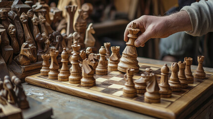 Hand-carved wooden chess set, artisan shaping intricate pieces with precision, polished fine wood textures, rustic workshop setting, high-quality product photography —ar 16:9 